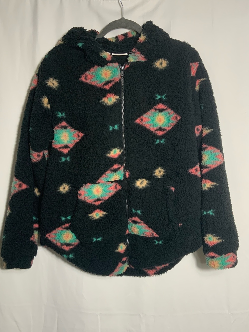 SO Black Sherpa Jacket with Turquoise & Pink Aztec Motif